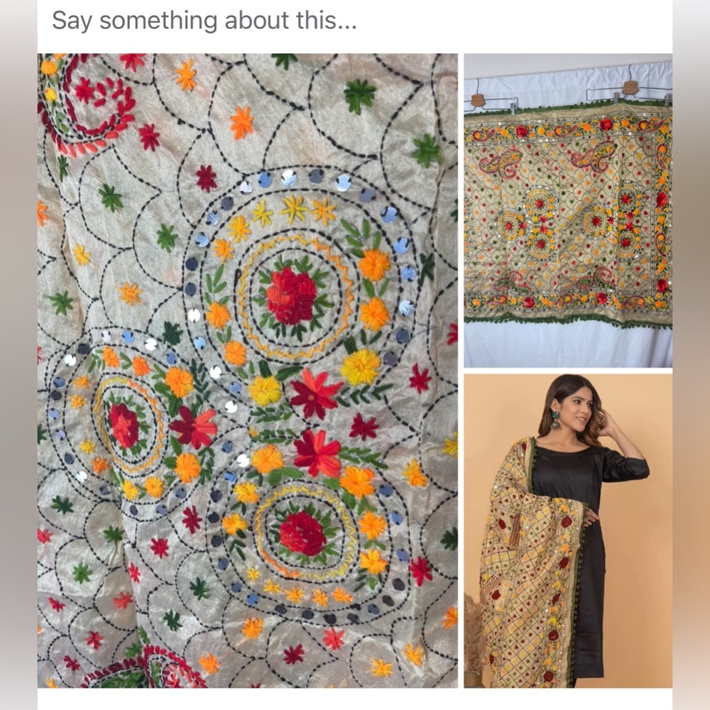 Shawl Green Pom Pom Long Raw Silk Handmade Phulkari dupatta mirror and